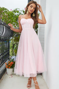 Pink Tulle Spaghetti Straps Long Party Dress