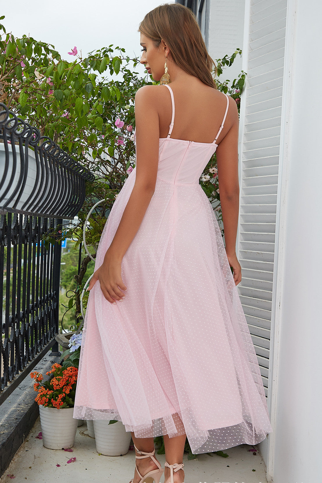 Pink Tulle Spaghetti Straps Long Party Dress