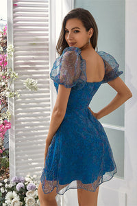 Teal Blue Sheer Sleeve A-Line Short Cocktail Dress