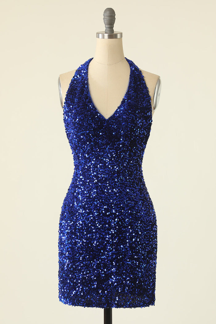 Royal Blue Sequin Halter Open Back Short Homecoming Dress