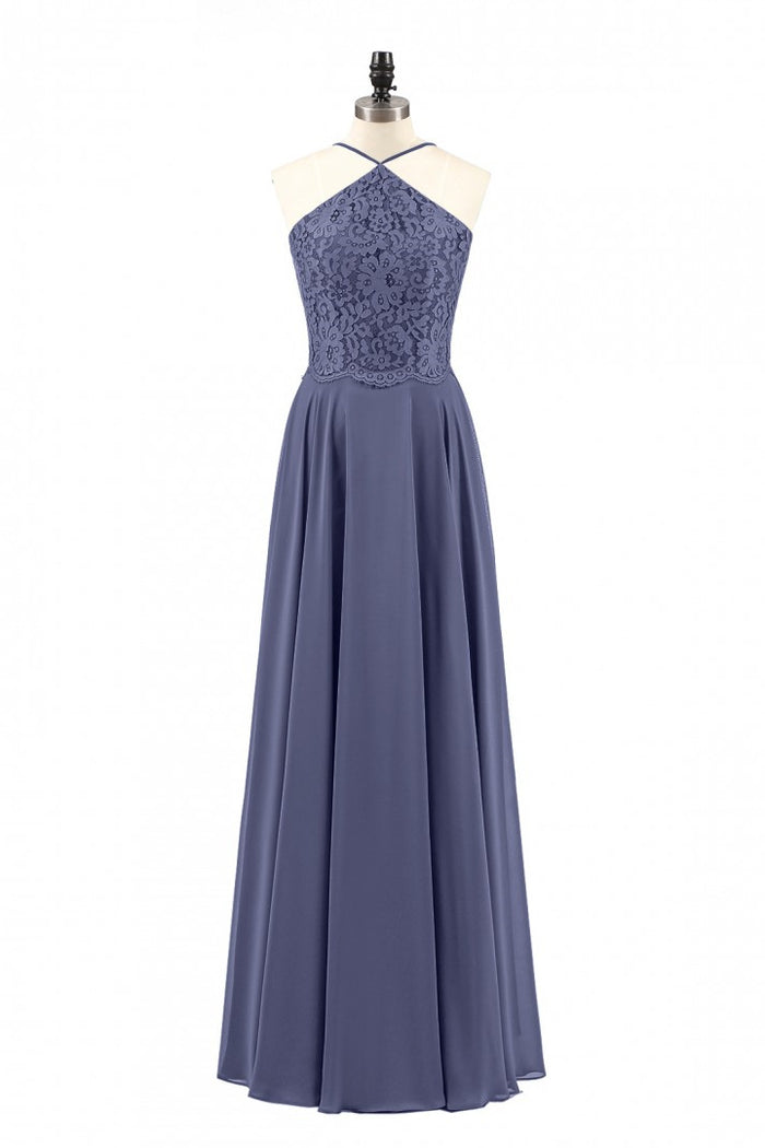 Navy Blue Chiffon Halter Backless A-Line Long Bridesmaid Dress