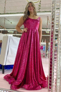 Fuchsia Sequin Round Neck Lace-Up Back A-Line Prom Dress