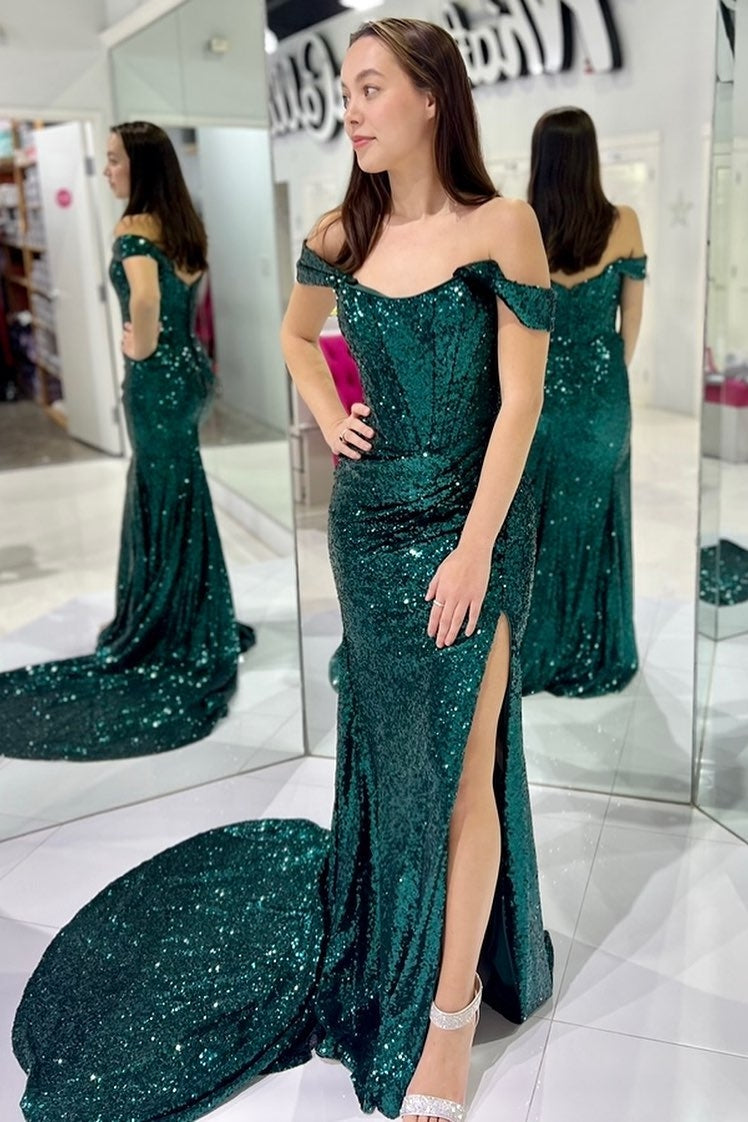 Sequin Off-the-Shoulder Sheath Long Formal Dress with Slit