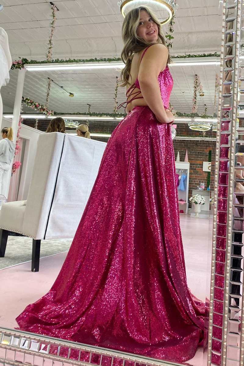 Fuchsia Sequin Round Neck Lace-Up Back A-Line Prom Dress