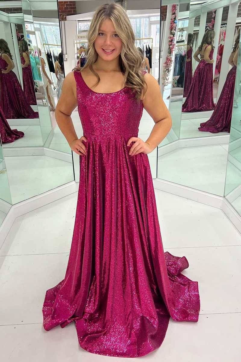 Fuchsia Sequin Round Neck Lace-Up Back A-Line Prom Dress
