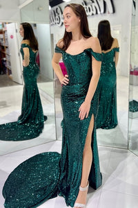 Sequin Off-the-Shoulder Sheath Long Formal Dress with Slit