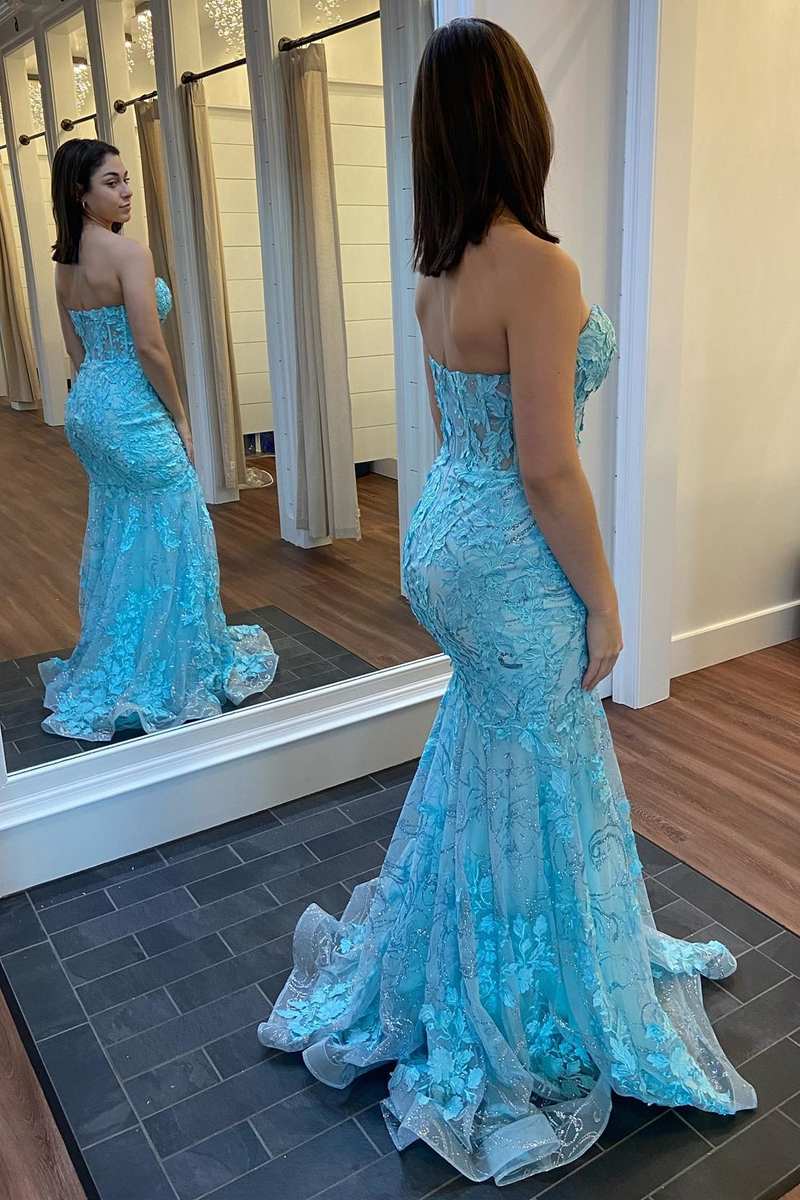 Blue Floral Appliques Strapless Mermaid Long Prom Dress