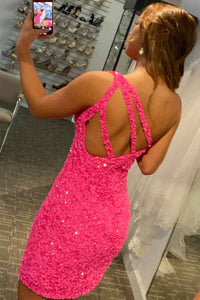 Hot Pink Sequin One-Shoulder Mini Homecoming Dress
