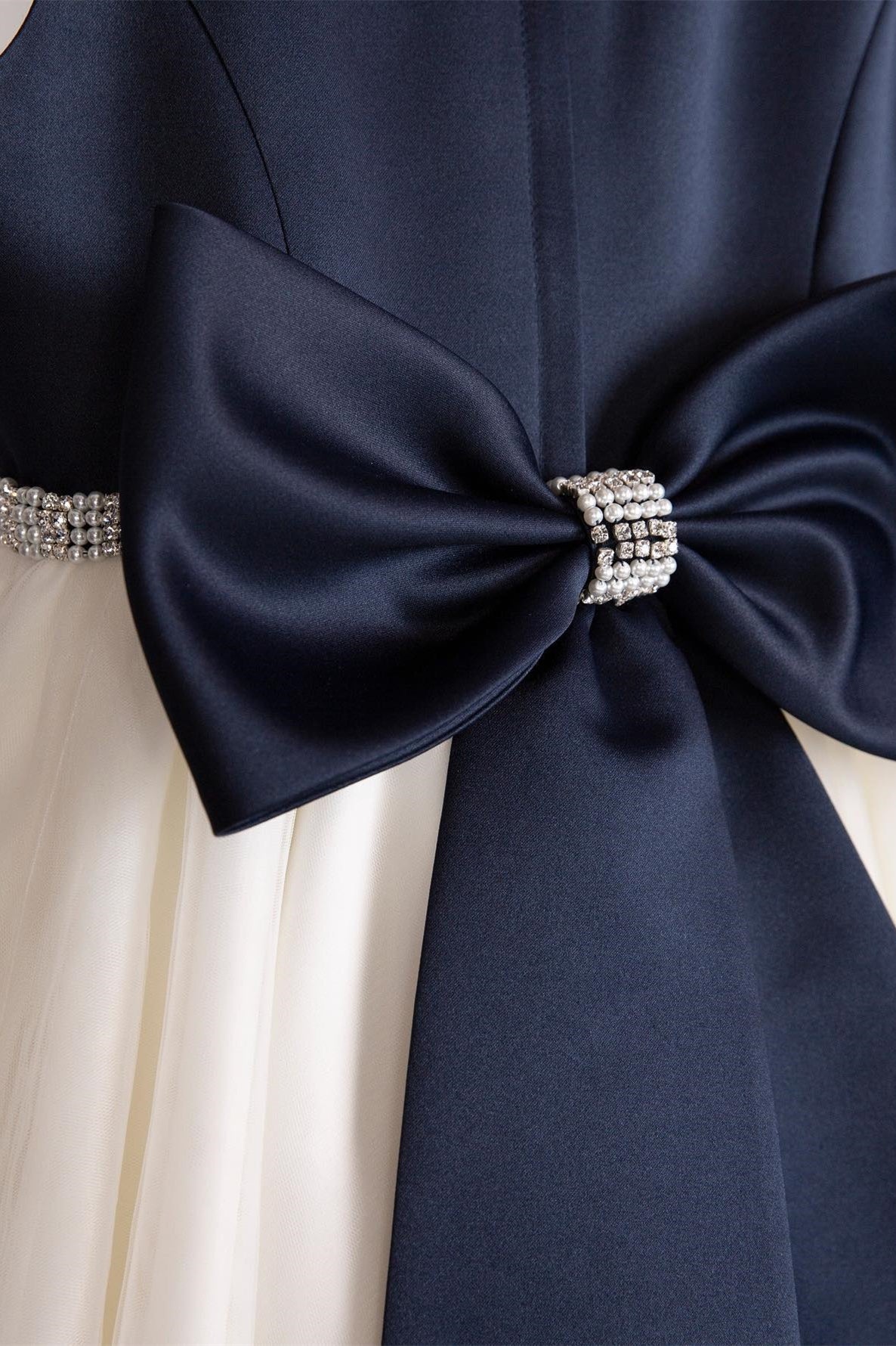 Navy and White Jewel Beaded Sleeveless Long Flower Girl Dress with Bow