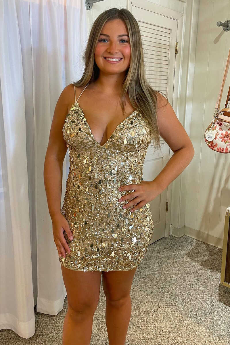 Gold Sequin V-Neck Lace-Up Mini Party Dress