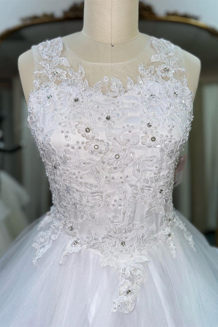 White Illusion Neck Beaded Applique Multi-Layers Long Flower Girl Dress
