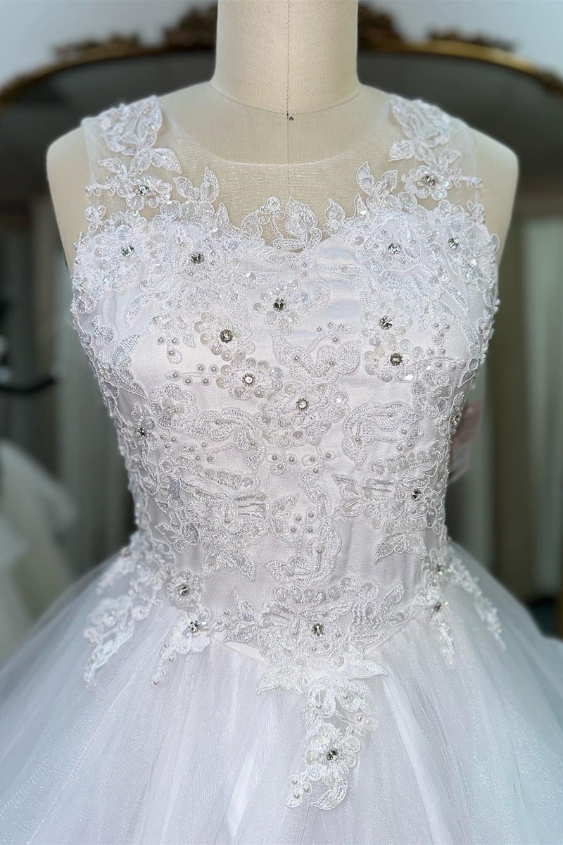 White Illusion Neck Beaded Applique Multi-Layers Long Flower Girl Dress