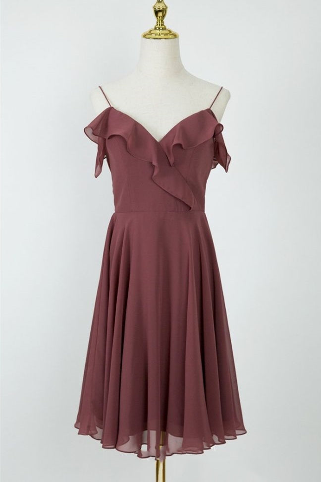 Off Shoulder Ruffled Canyon Rose Short Bridesmaid Dress