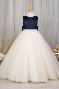 Navy and White Jewel Beaded Sleeveless Long Flower Girl Dress with Bow