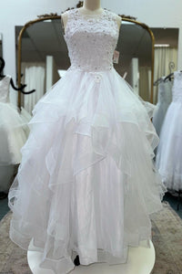 White Illusion Neck Beaded Applique Multi-Layers Long Flower Girl Dress