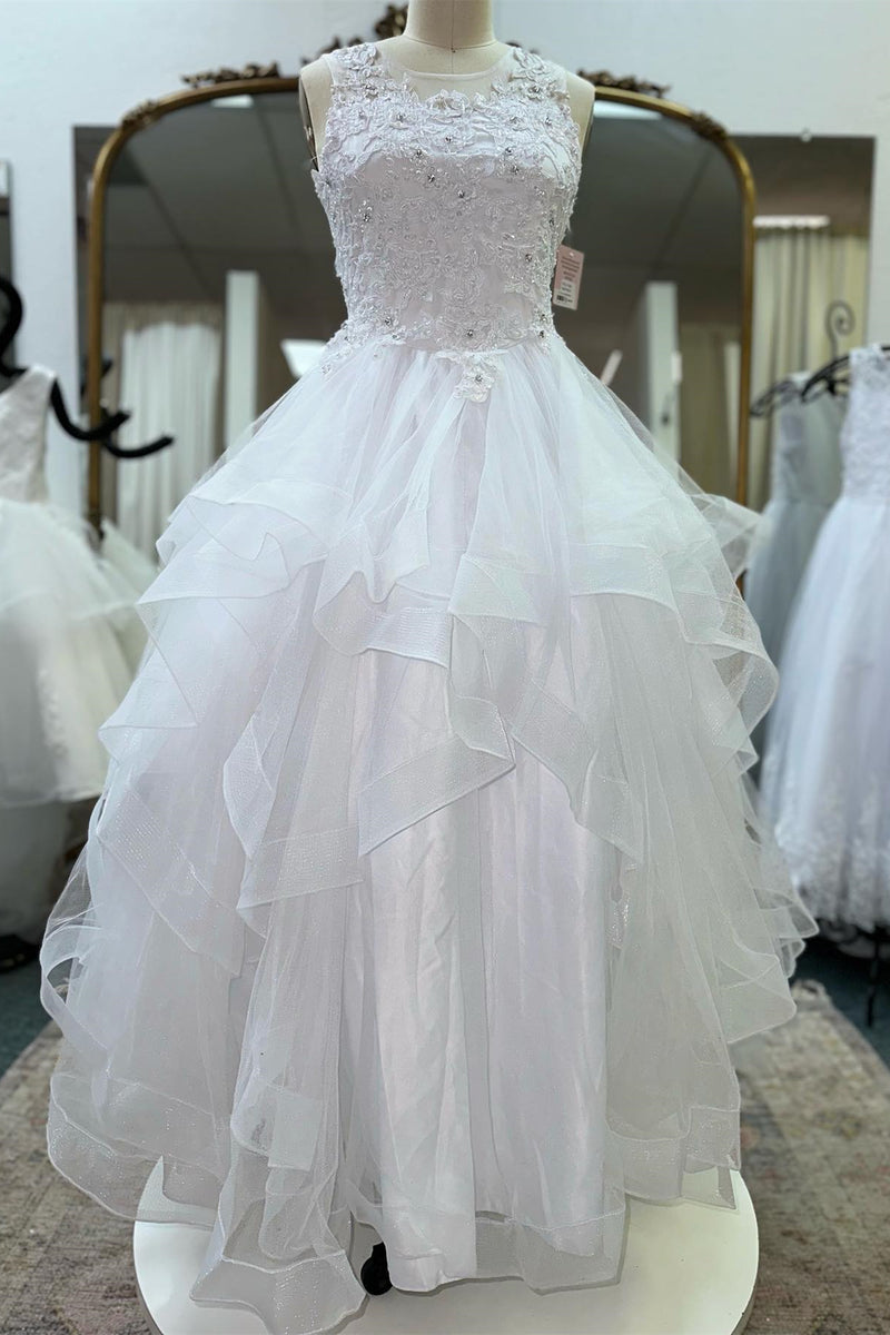 White Illusion Neck Beaded Applique Multi-Layers Long Flower Girl Dress