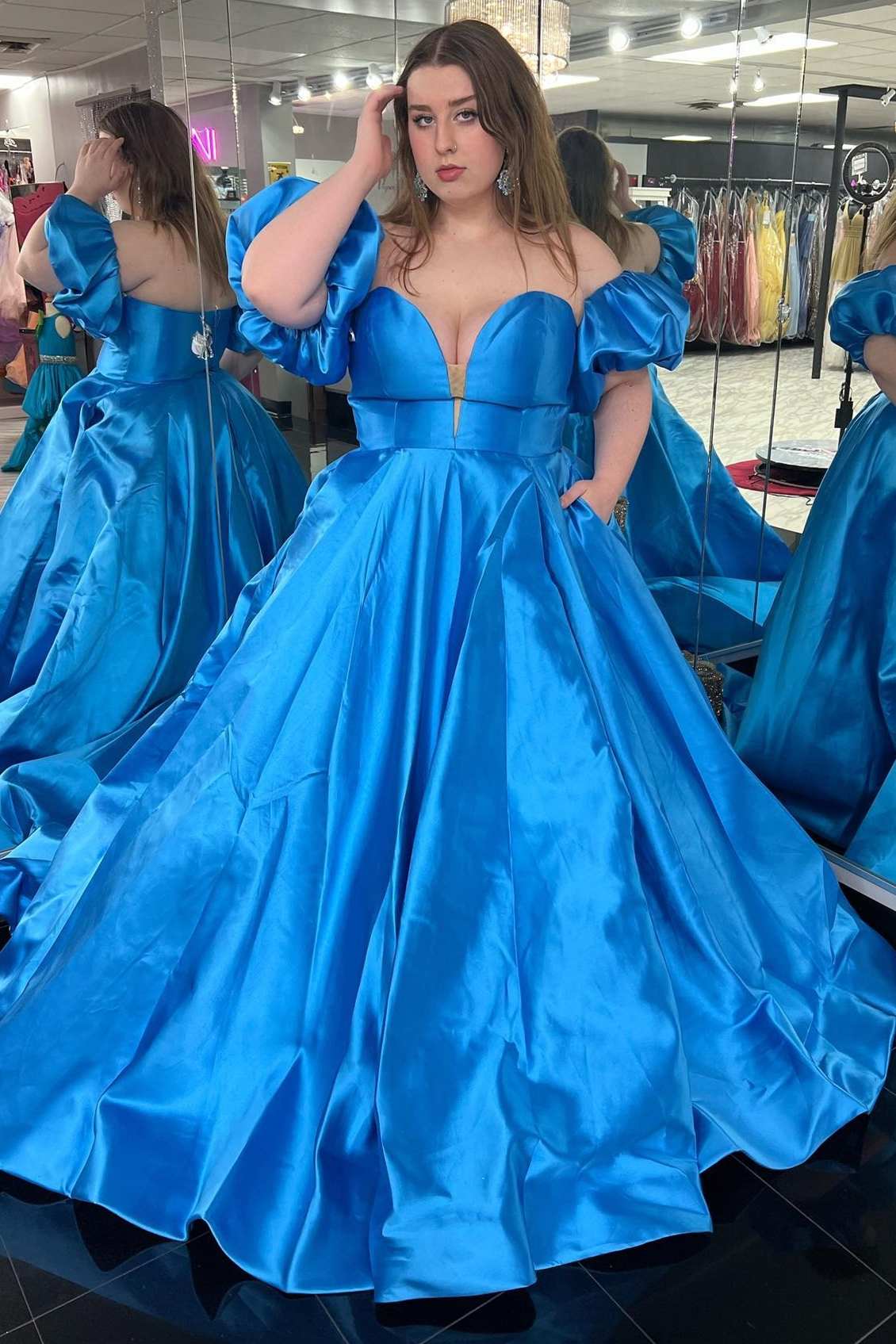 Blue Satin Strapless A-Line Long Prom Dress with Puff Sleeves