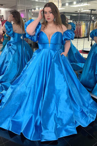 Blue Satin Strapless A-Line Long Prom Dress with Puff Sleeves