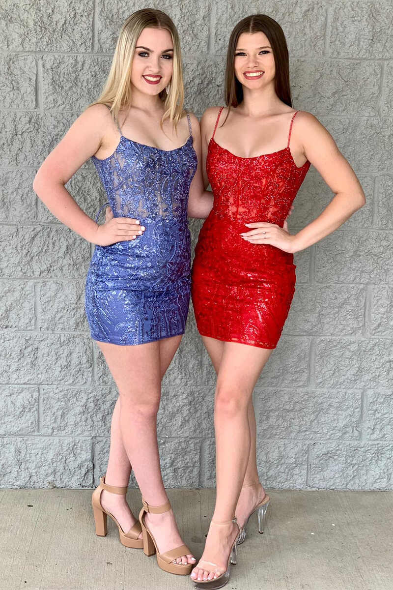 Glittery Lace-Up Mini Homecoming Dress