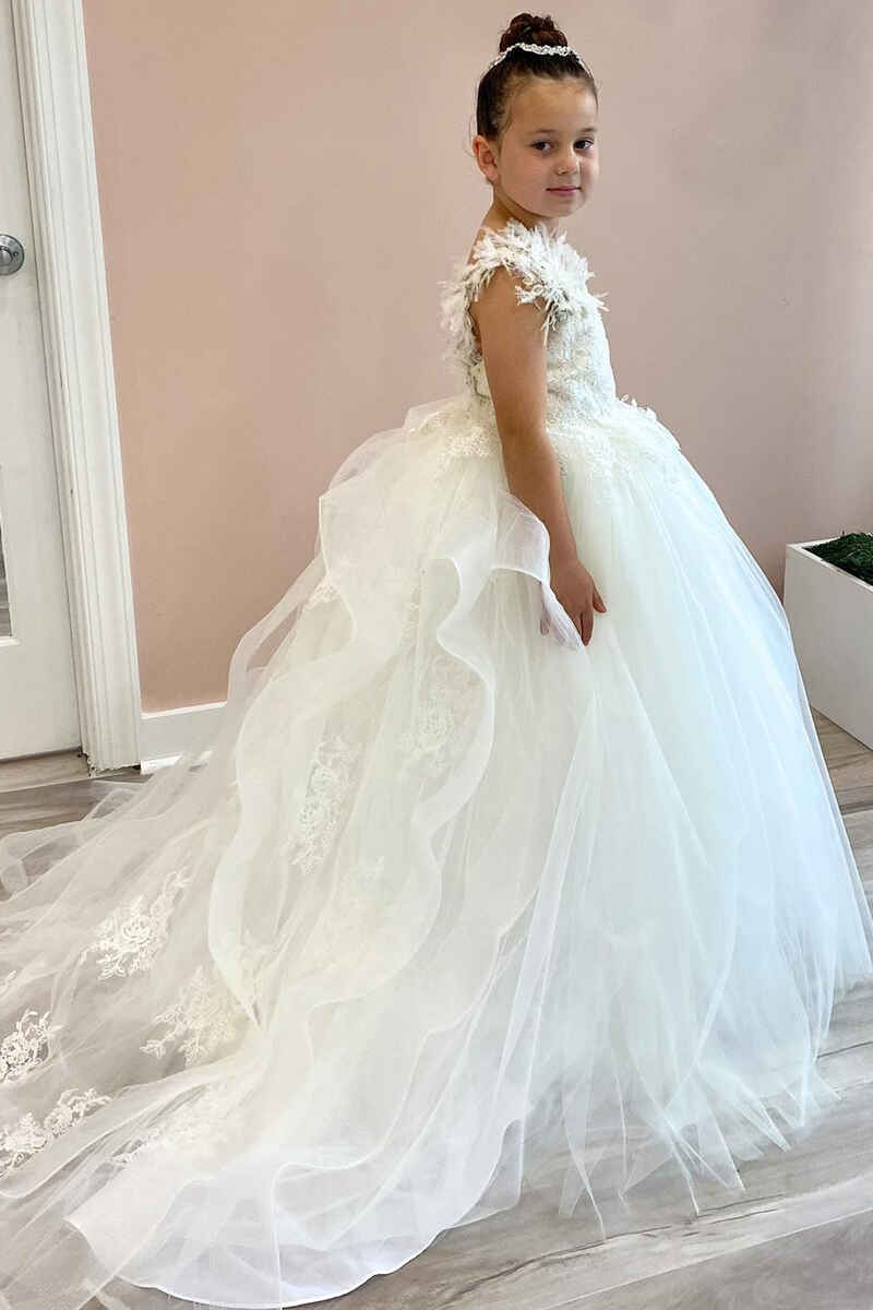 Glamorous White Tulle Backless Long Flower Girl Dress with Feathered Straps