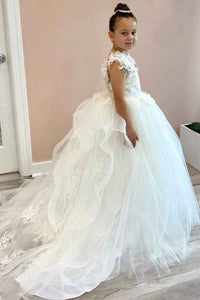 Glamorous White Tulle Backless Long Flower Girl Dress with Feathered Straps