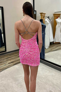 O-Ring Back Sequin V-Neck Short Homecoming Dress