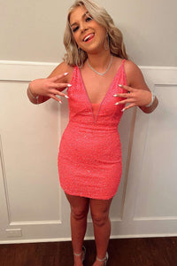 Purple Sequin V-Neck Lace-Up Fitted Short Party Dress