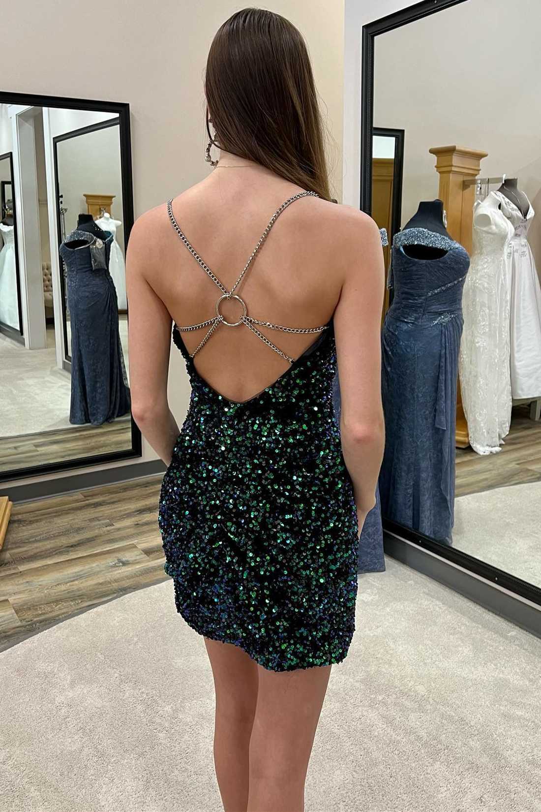 O-Ring Back Sequin V-Neck Short Homecoming Dress