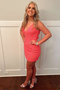 Hot Pink Sequin Plunge V Short Homecoming Dress