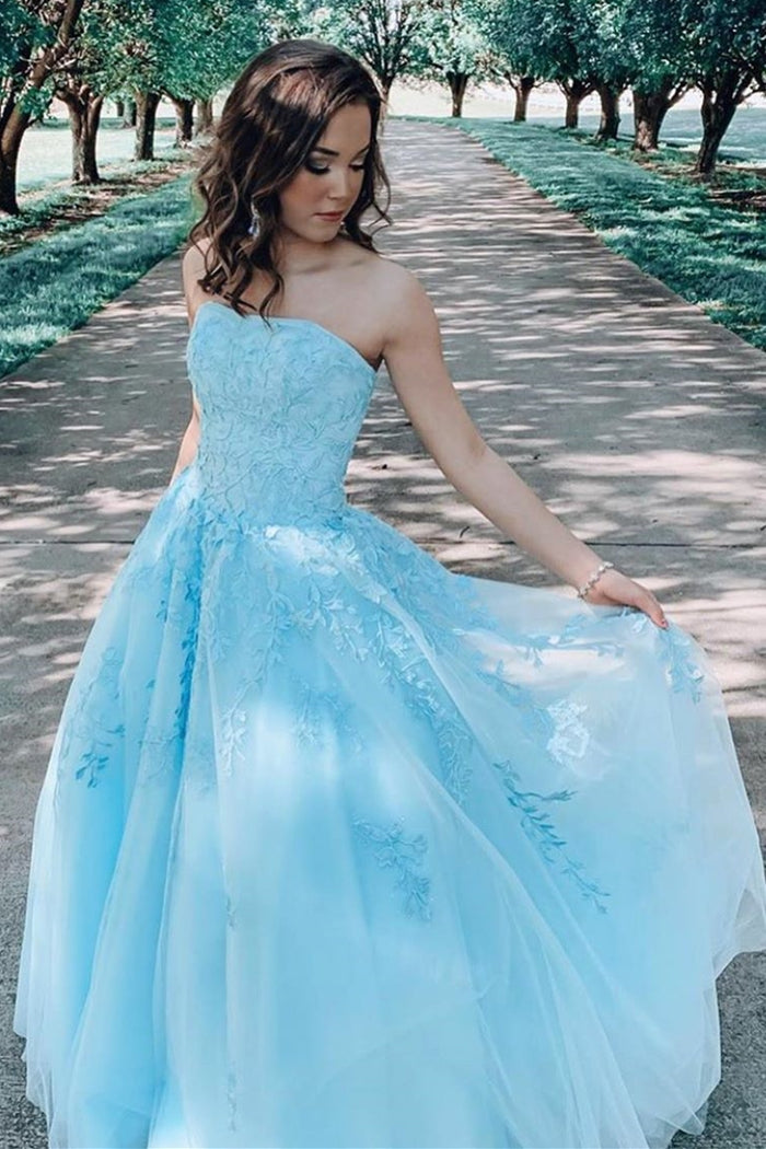 A-line Blue Lace Appliques Long Wedding Dress