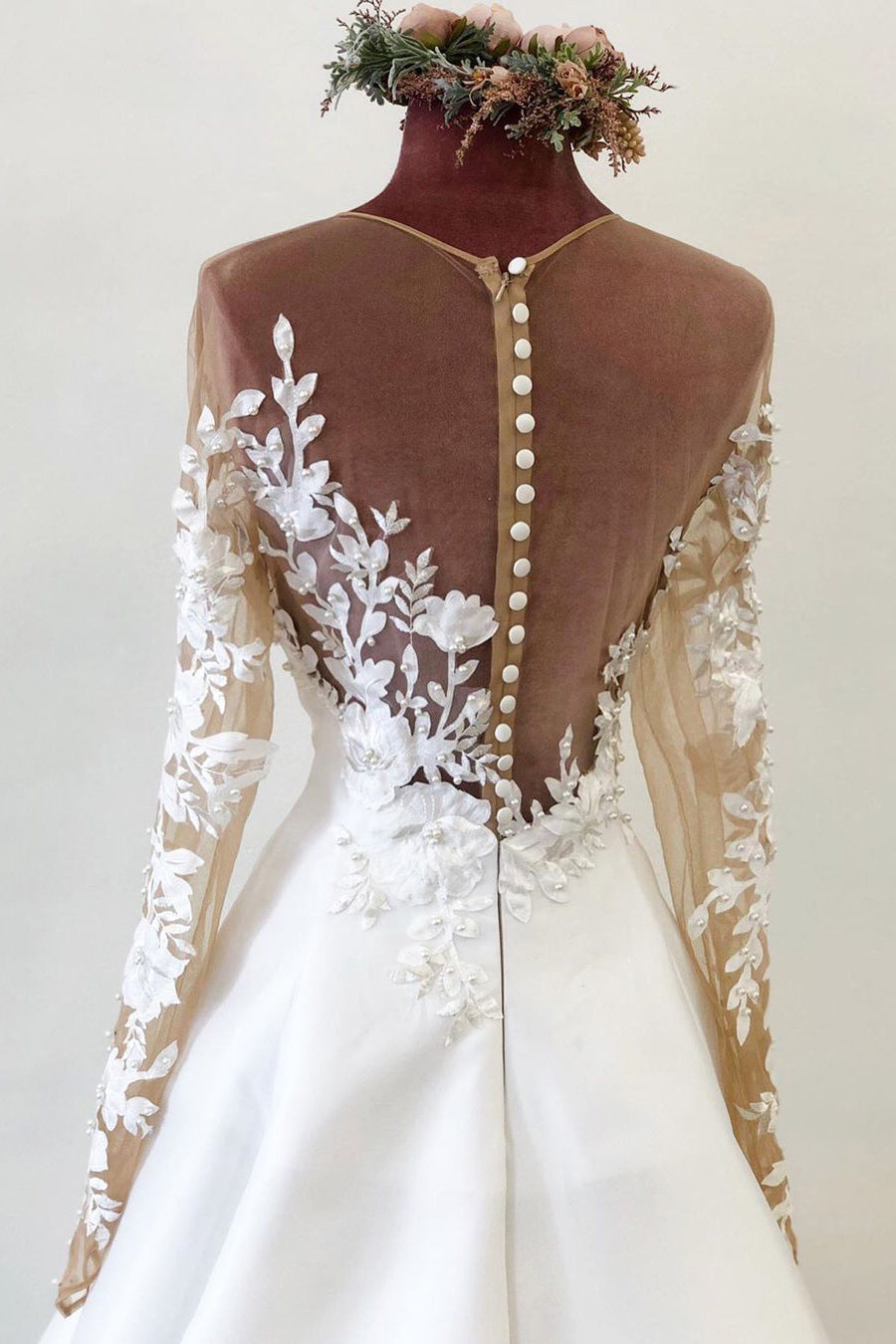 Illusion Neck Long Sleeves White Satin Bridal Gown with Appliques-Button