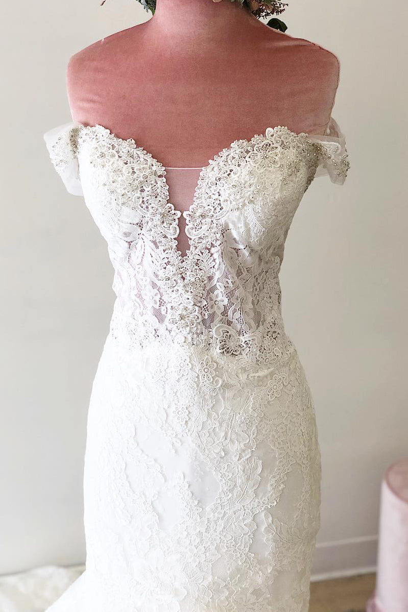 Off the Shoulder Court Train Lace White Wedding Dress