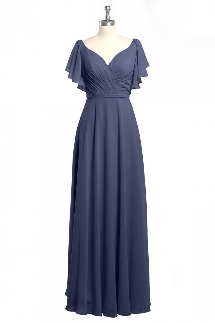 Navy Blue V-Neck Backless Ruffled A-Line Long Dress