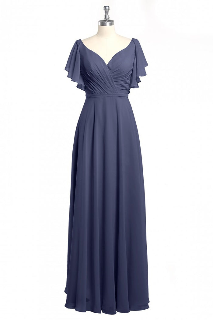 Navy Blue V-Neck Backless Ruffled A-Line Long Dress
