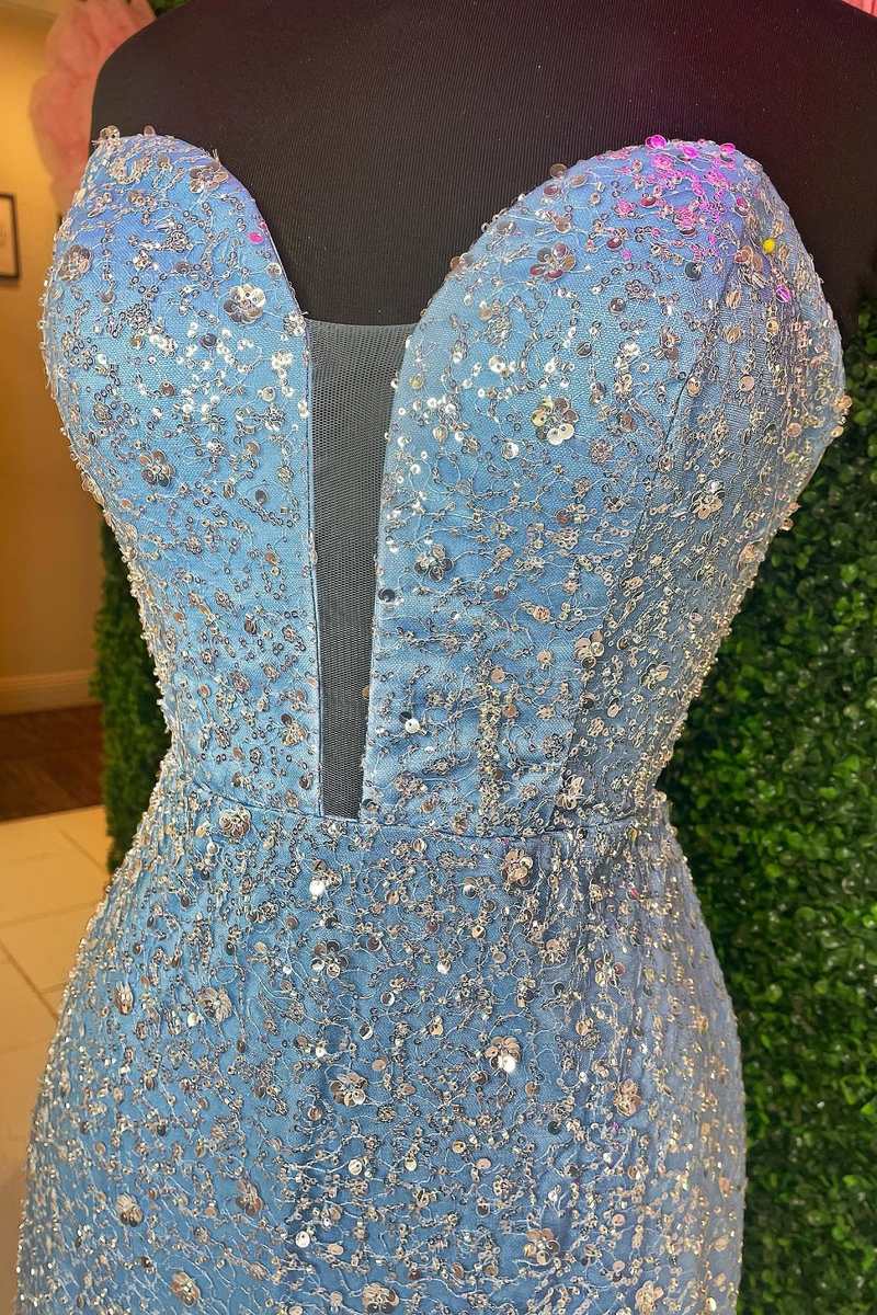 Blue Beaded Strapless Lace-Up Mermaid Long Prom Dress with Slit