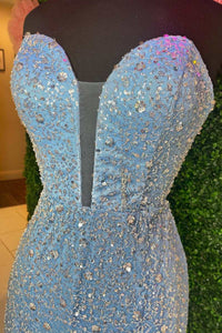 Blue Beaded Strapless Lace-Up Mermaid Long Prom Dress with Slit