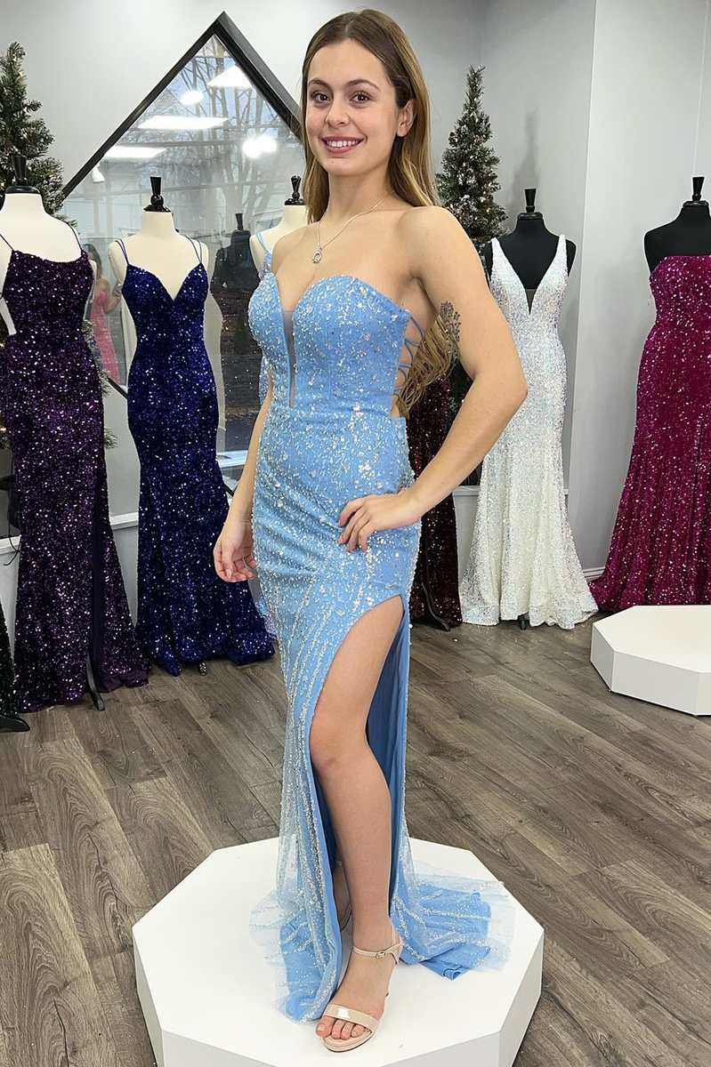 Blue Beaded Strapless Lace-Up Mermaid Long Prom Dress with Slit