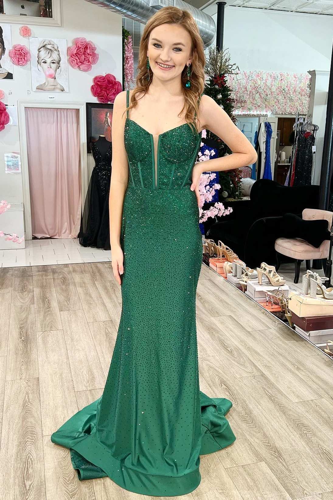 Green Beaded Split Neck Mermaid Long Formal Dress