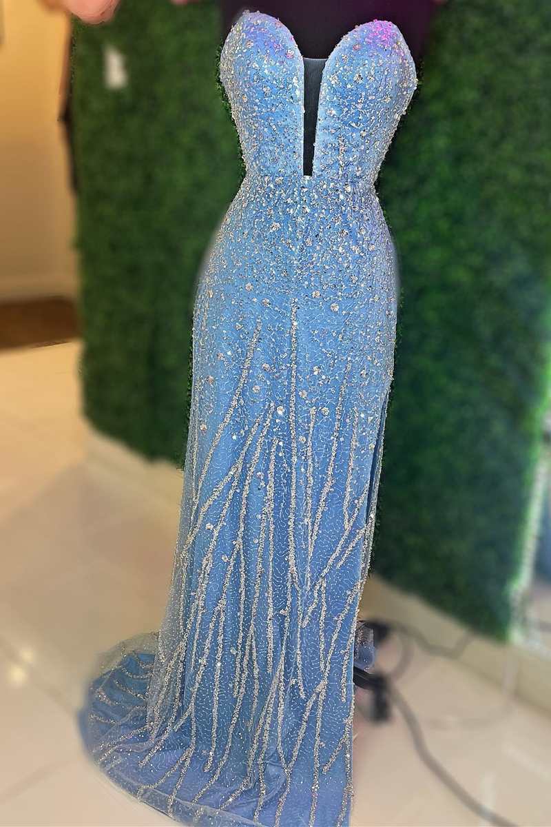 Blue Beaded Strapless Lace-Up Mermaid Long Prom Dress with Slit