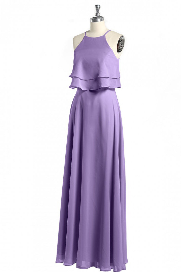 Sage Green Chiffon Halter Ruffle A-Line Long Bridesmaid Dress