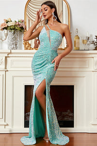 Mint Green Sequins One-Shoulder Long Prom Dress with Slit