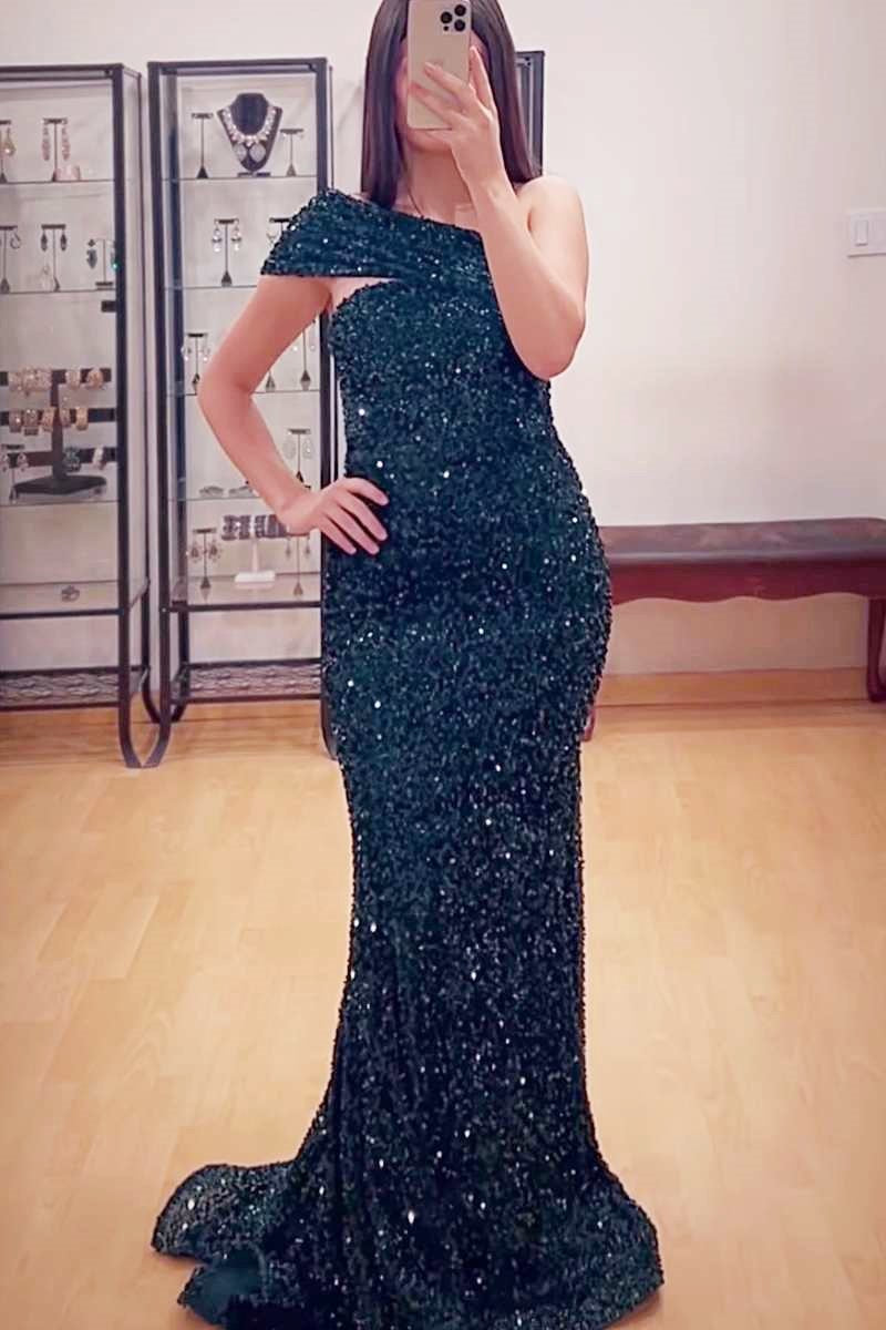 Hot Pink Sequin One-Shoulder Mermaid Long Prom Dress