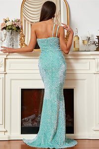 Mint Green Sequins One-Shoulder Long Prom Dress with Slit
