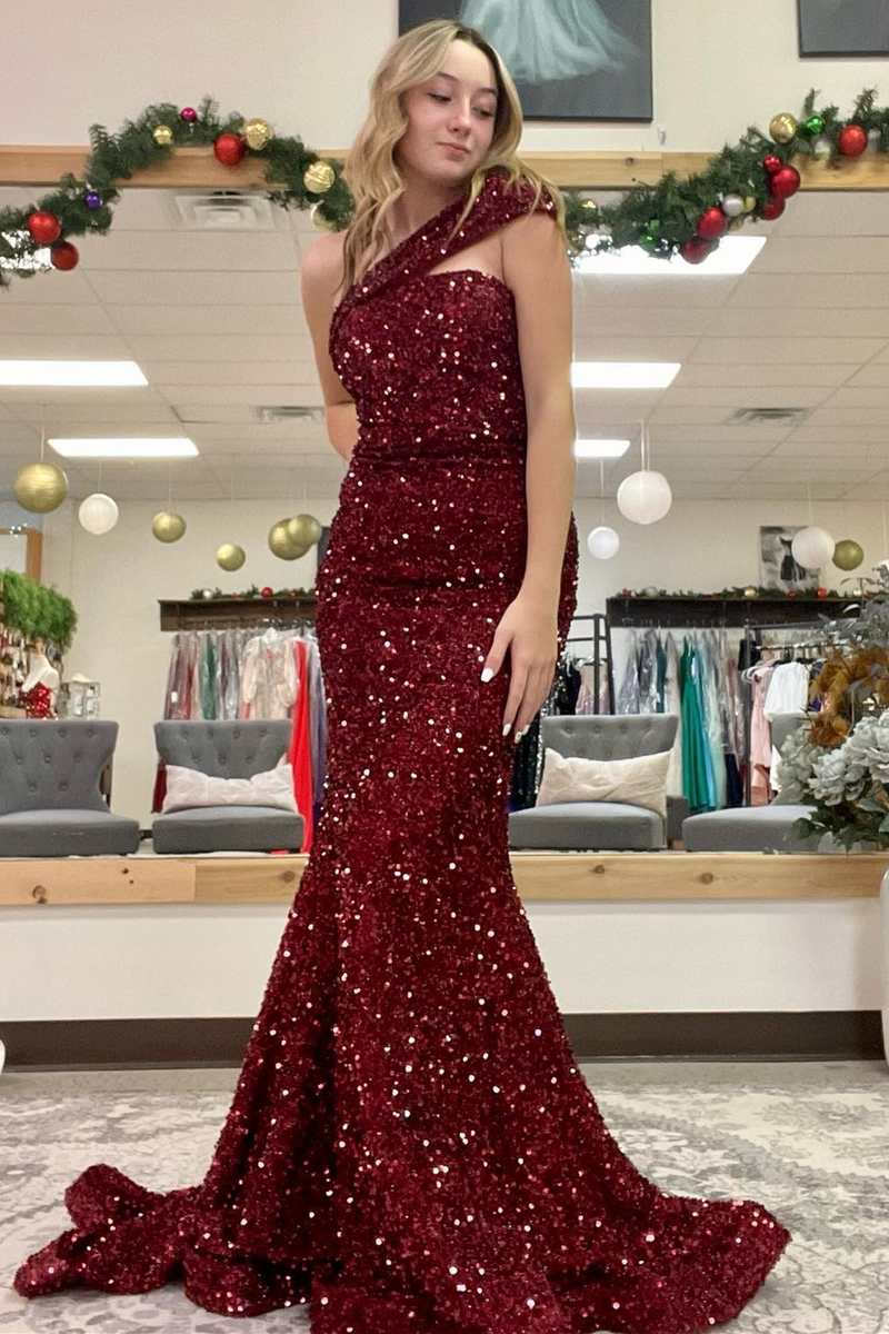 Hot Pink Sequin One-Shoulder Mermaid Long Prom Dress