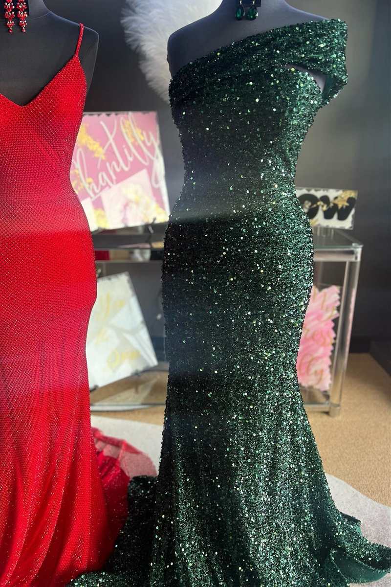 Hot Pink Sequin One-Shoulder Mermaid Long Prom Dress
