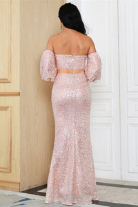 Pink Sequins Off-the-Shoulder Puff Sleeve Long Formal Dress