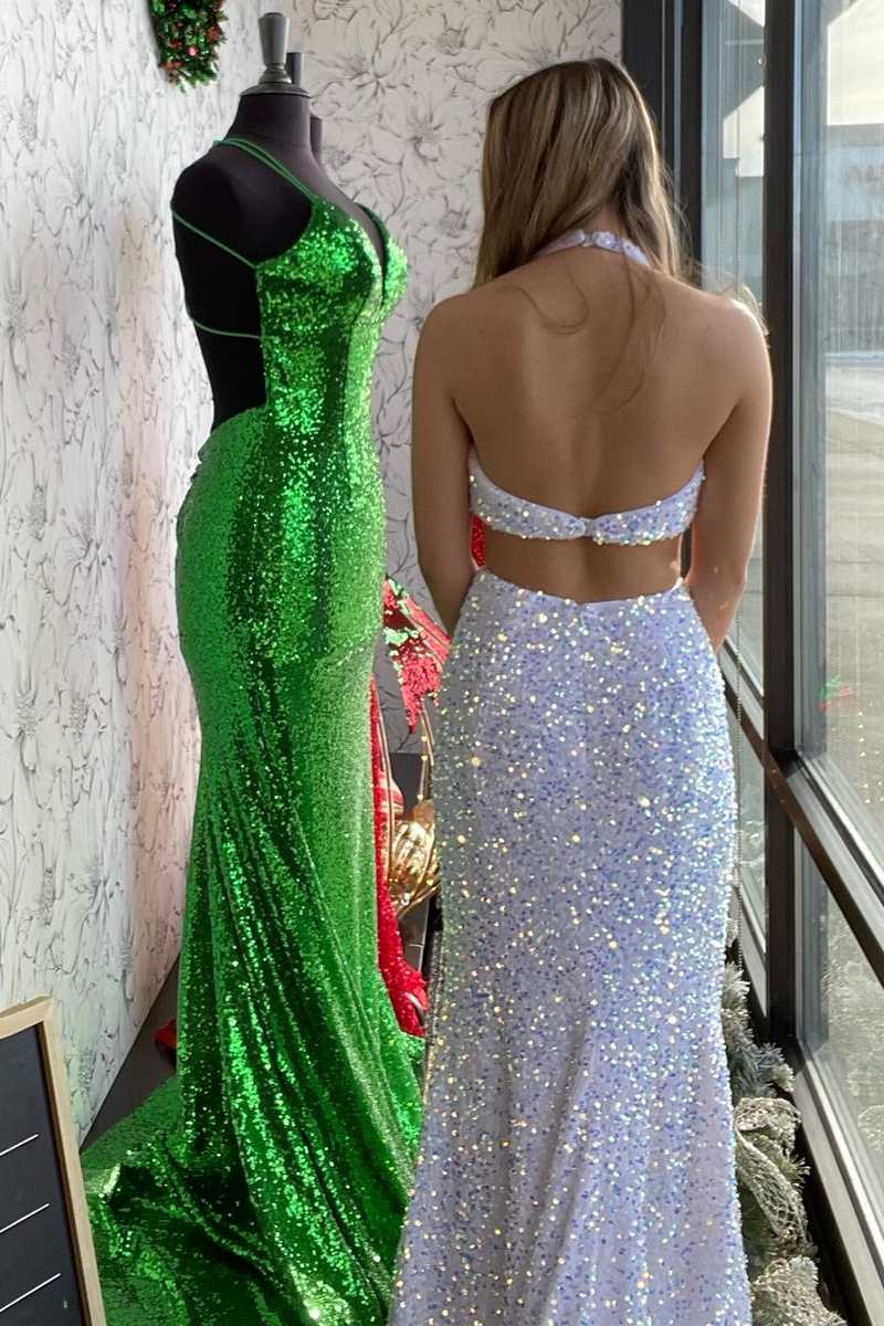 White Iridescent Sequin Halter Cutout Mermaid Long Prom Gown