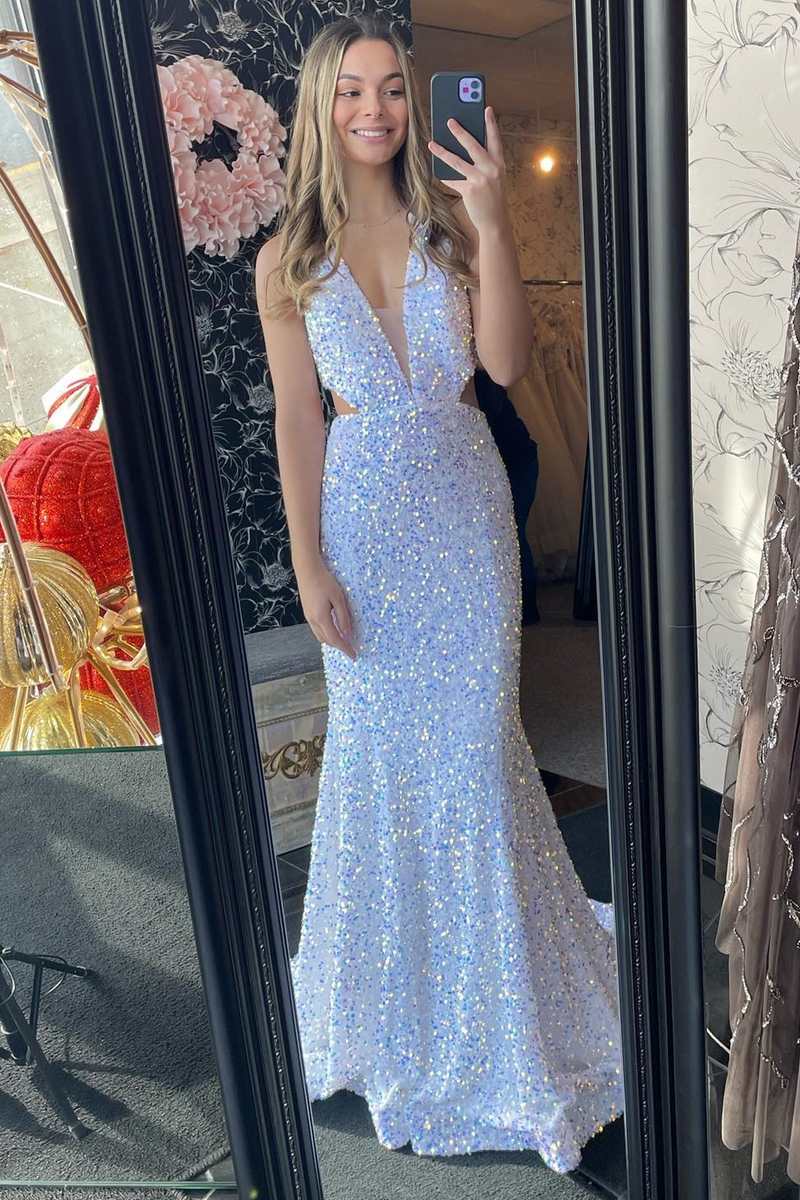 White Iridescent Sequin Halter Cutout Mermaid Long Prom Gown