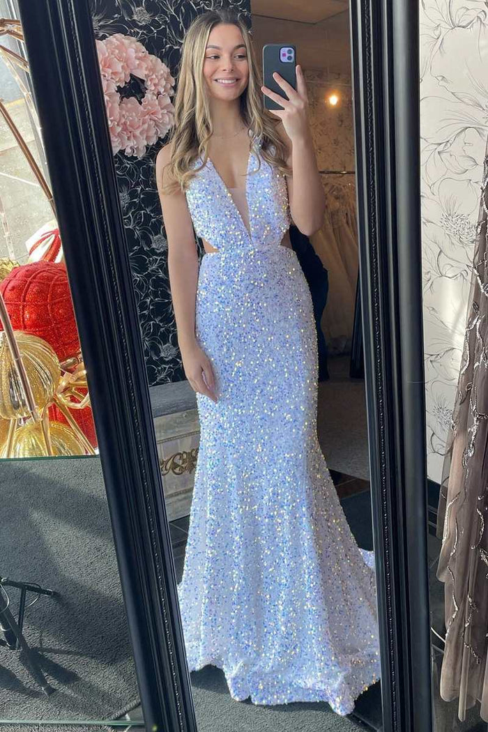 White Iridescent Sequin Halter Cutout Mermaid Long Prom Gown