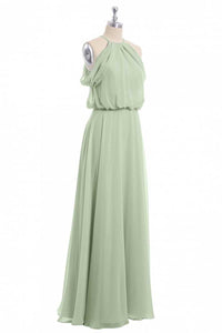 Sage Green Chiffon Halter Blouson-Style Long Bridesmaid Dress